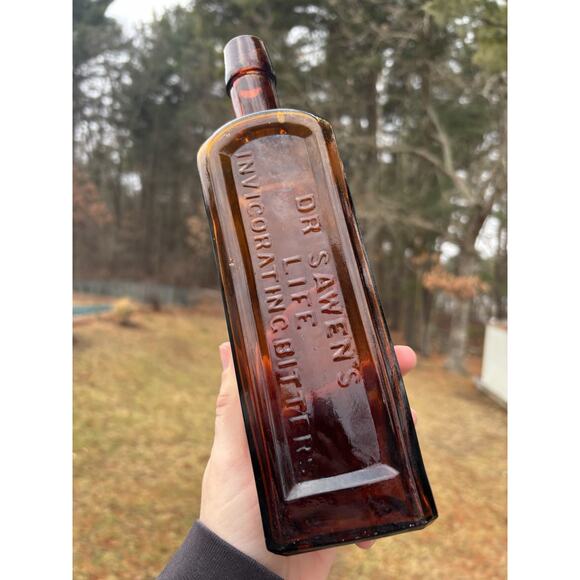 Dr Sawens Life Invigorating Bitters Utica NY ANTIQUE AMBER GLASS BOTTLE